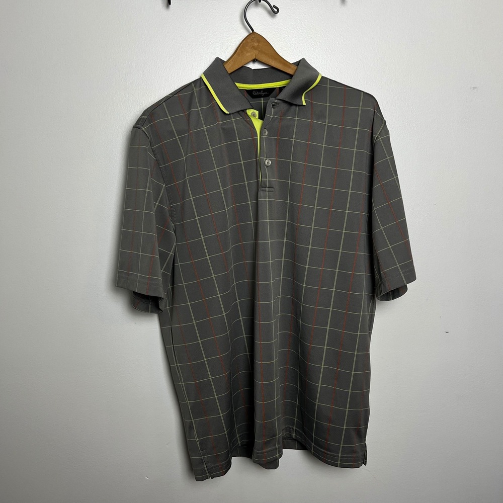 Walter Hagen Mens Grey Plaid‎ Golf Polo Shirt Lime Green Trim Size L RN104141